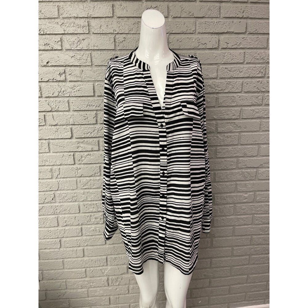 Calvin Klein Women Black /White V Neck Striped Roll Tab Tunic Blouse Size 1X